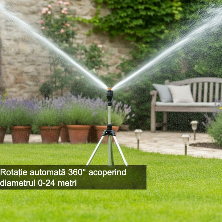 Aspersor Automat pe Trepied Telescopic cu Rotație 360° - pentru Suprafețe Mari, Curți și Gazon