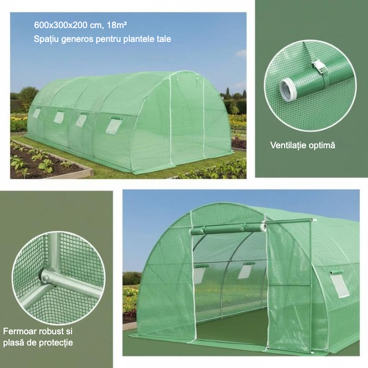 Seră din Folie Poly cu Plasă de Ventilație 600x300x200cm (18mp) - Utilizare pe Tot Parcursul Anului