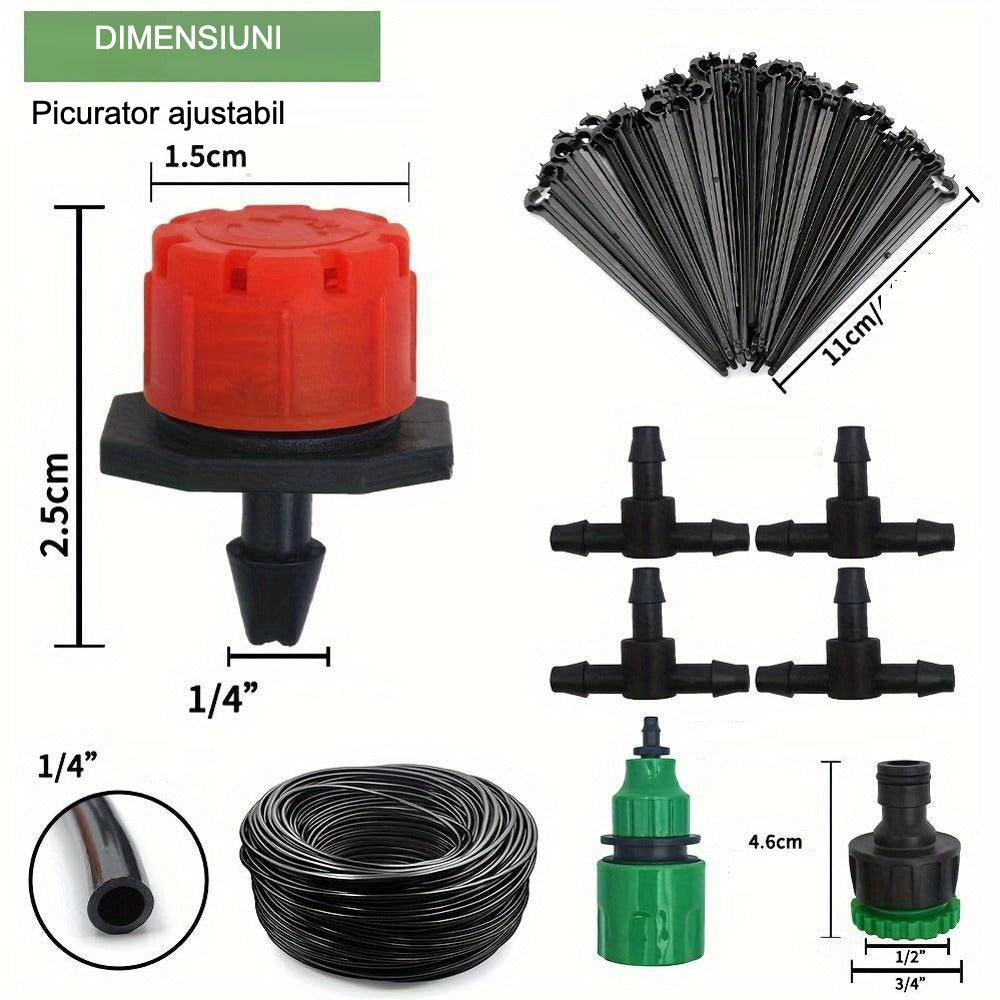 Sistem de Irigații prin Picurare 5-20m - Kit Complet cu Picurători Reglabili