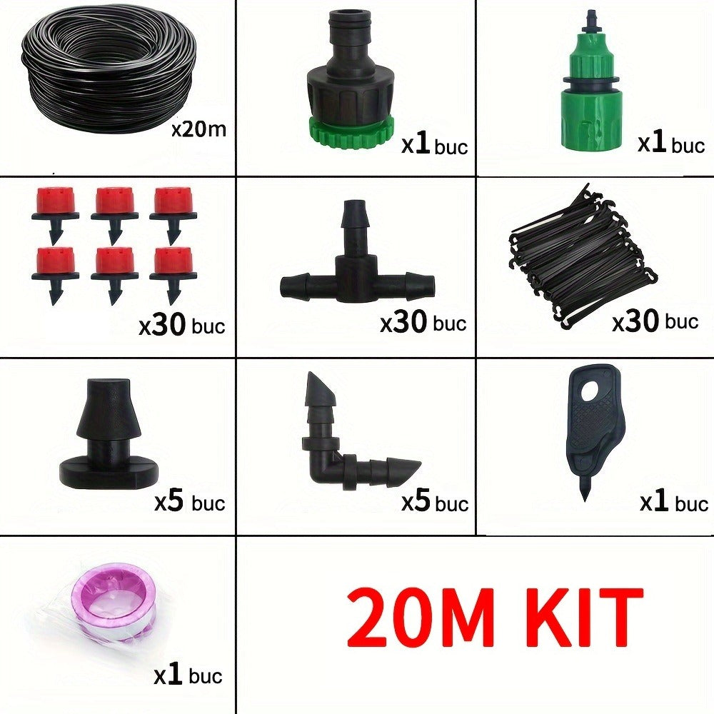 Sistem de Irigații prin Picurare 5-20m - Kit Complet cu Picurători Reglabili