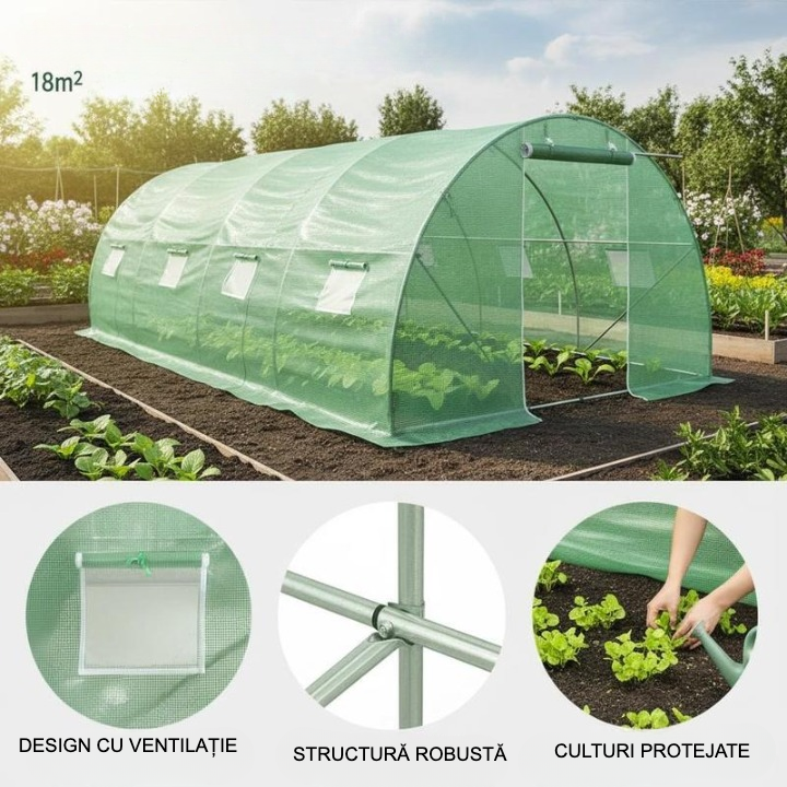 Seră din Folie Poly cu Plasă de Ventilație 600x300x200cm (18mp) - Utilizare pe Tot Parcursul Anului